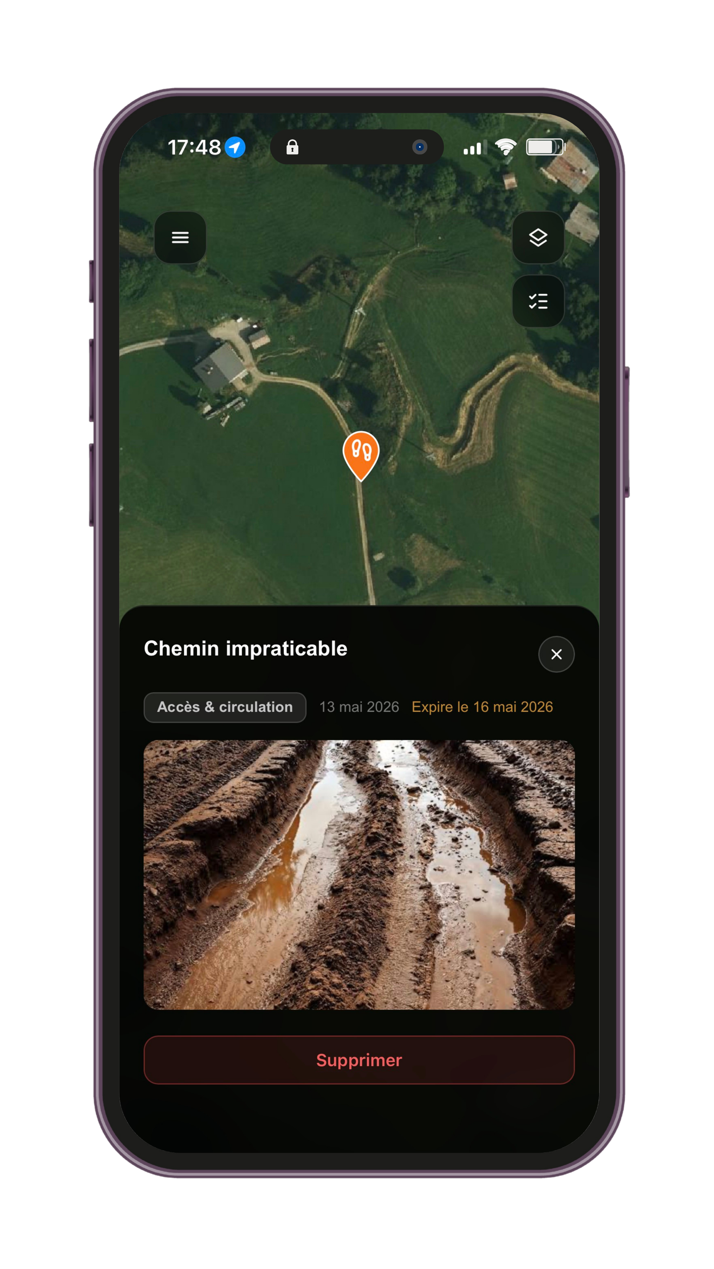 Exemple de signalement d'accès ou terrain dans l'application Naterra