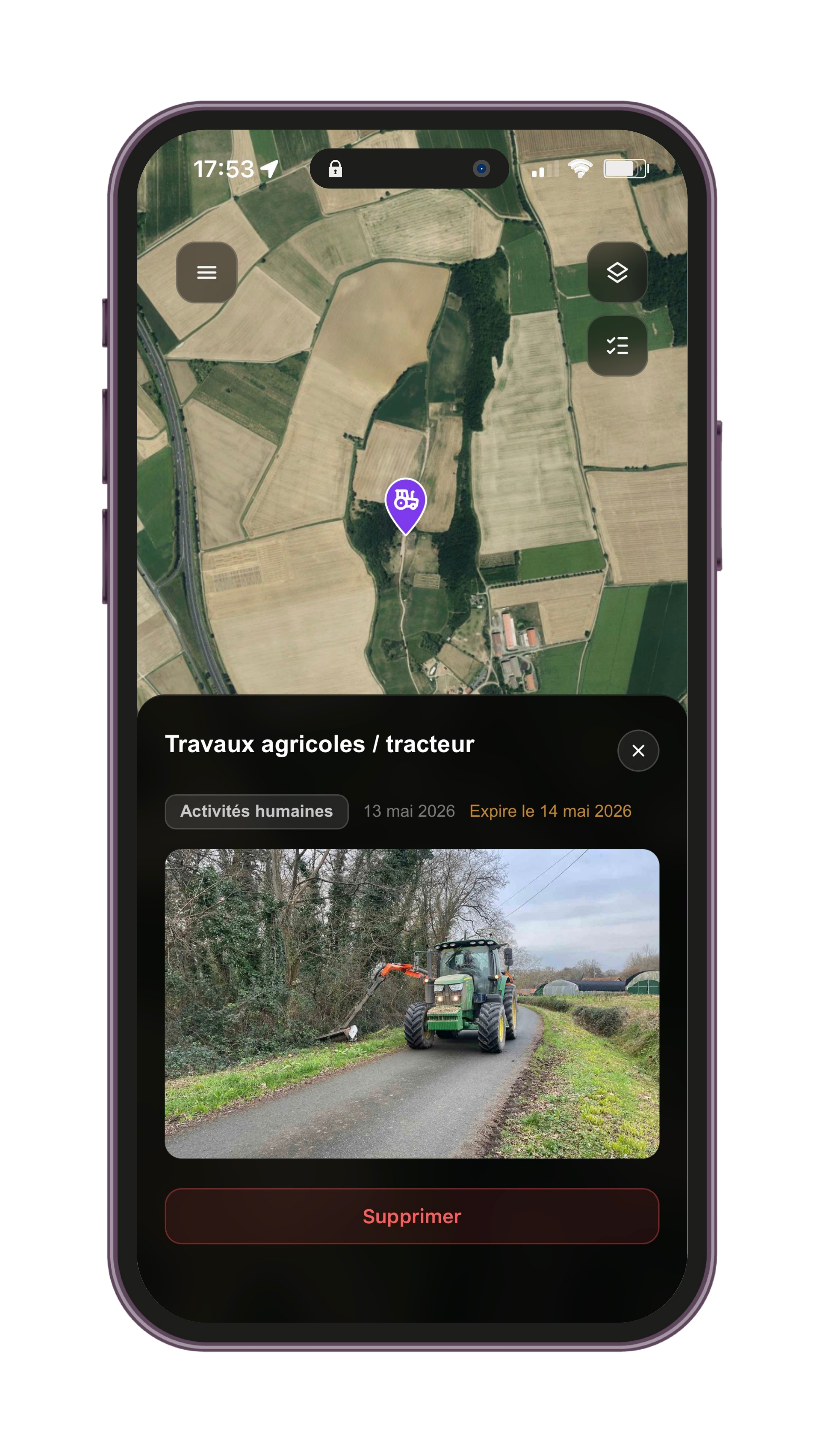 Exemple de signalement d'activités en cours dans l'application Naterra