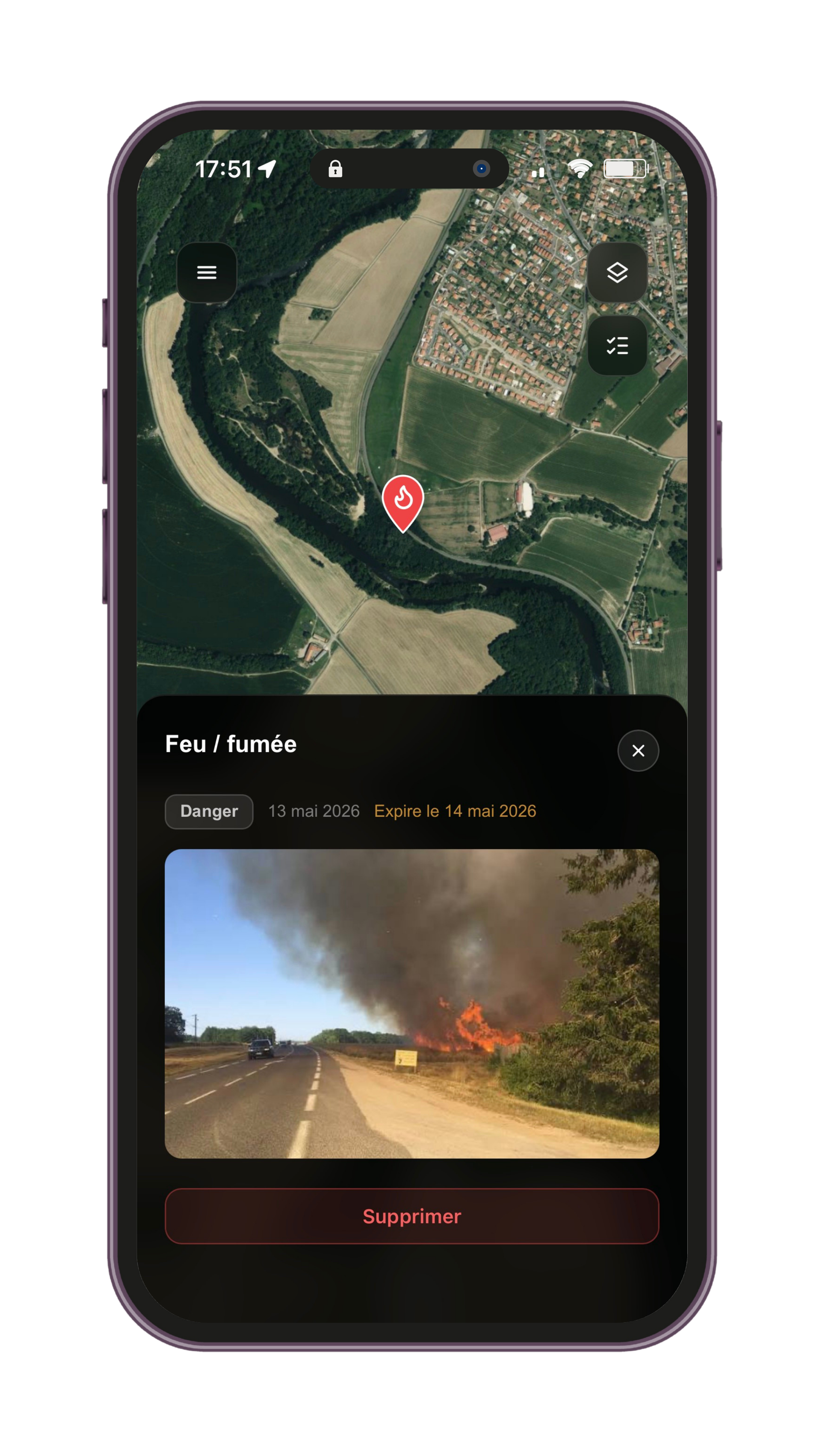 Exemple de signalement de danger immédiat dans l'application Naterra