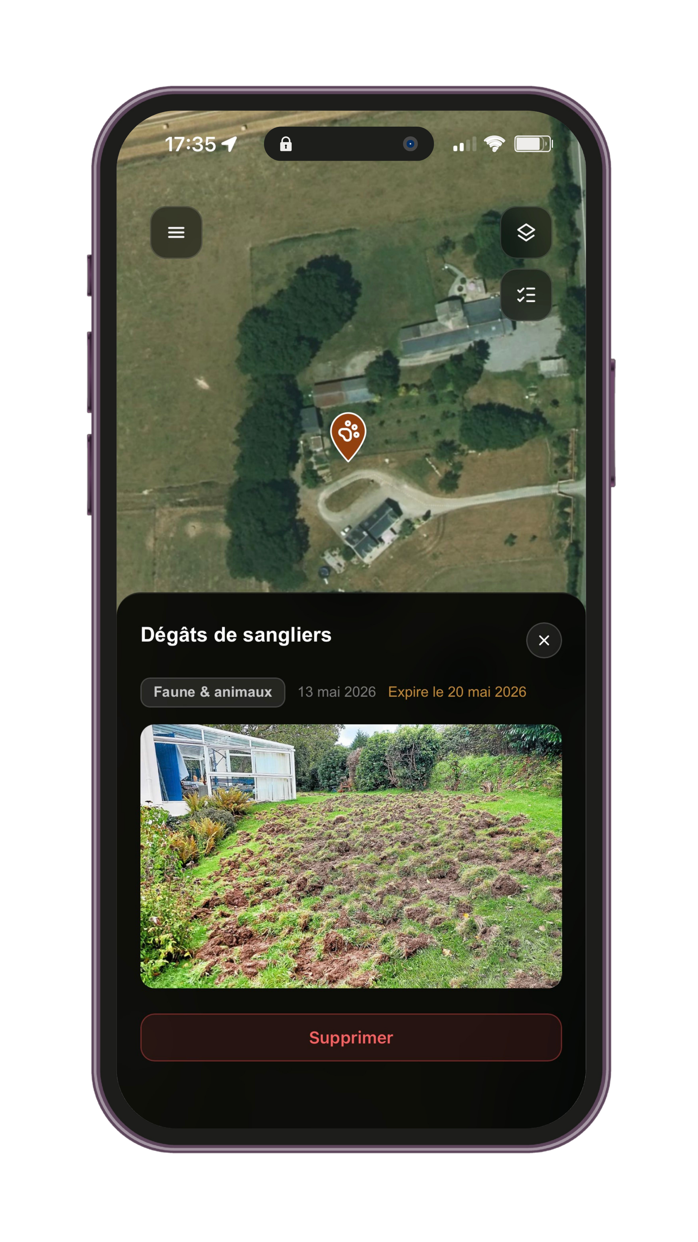 Exemple de signalement de faune et environnement dans l'application Naterra