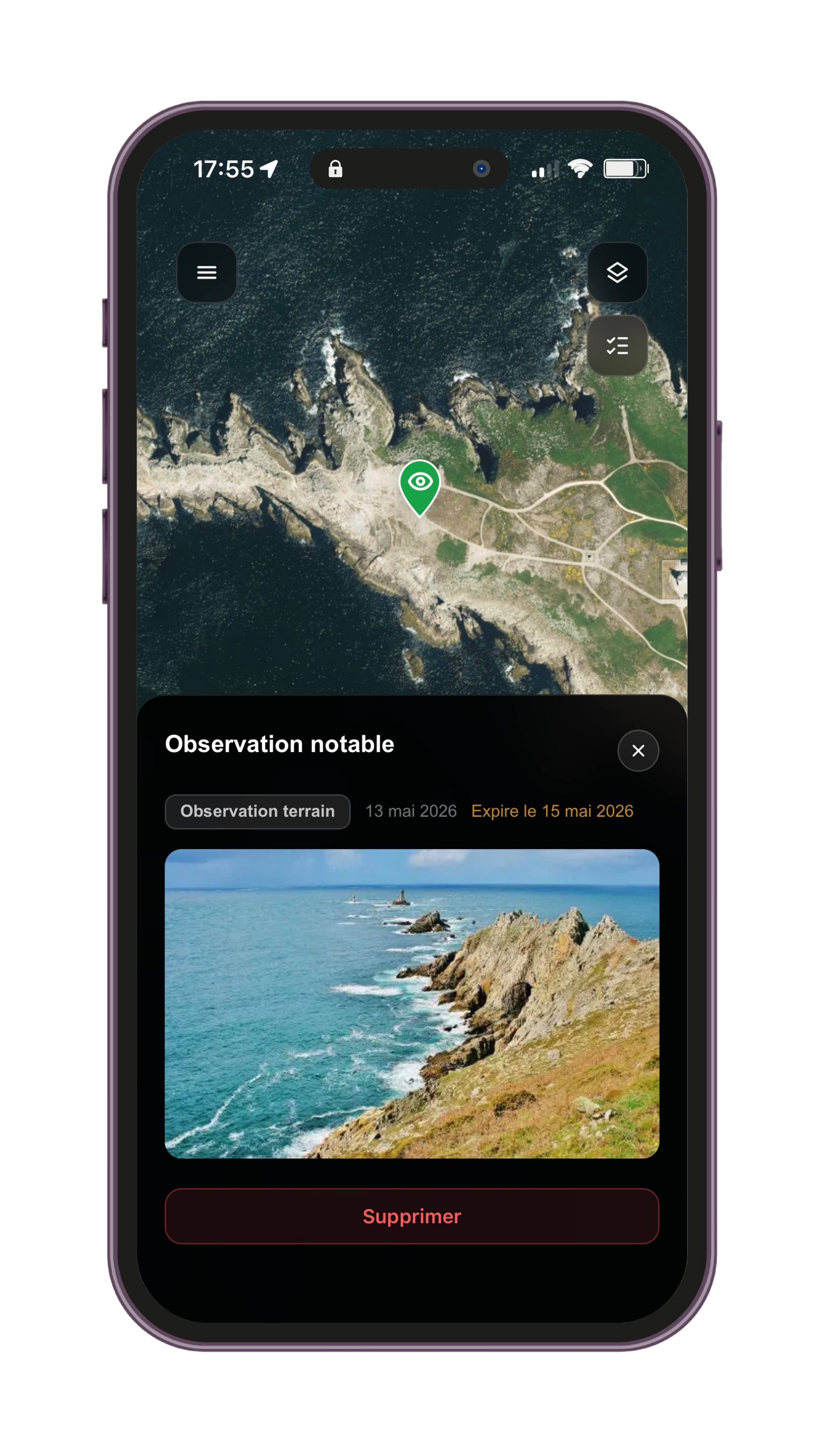 Exemple de signalement d'observations utiles dans l'application Naterra